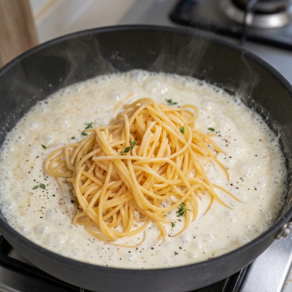 A bundle of cooked spaghetti placed into a pan of bubbling white cream sauce.