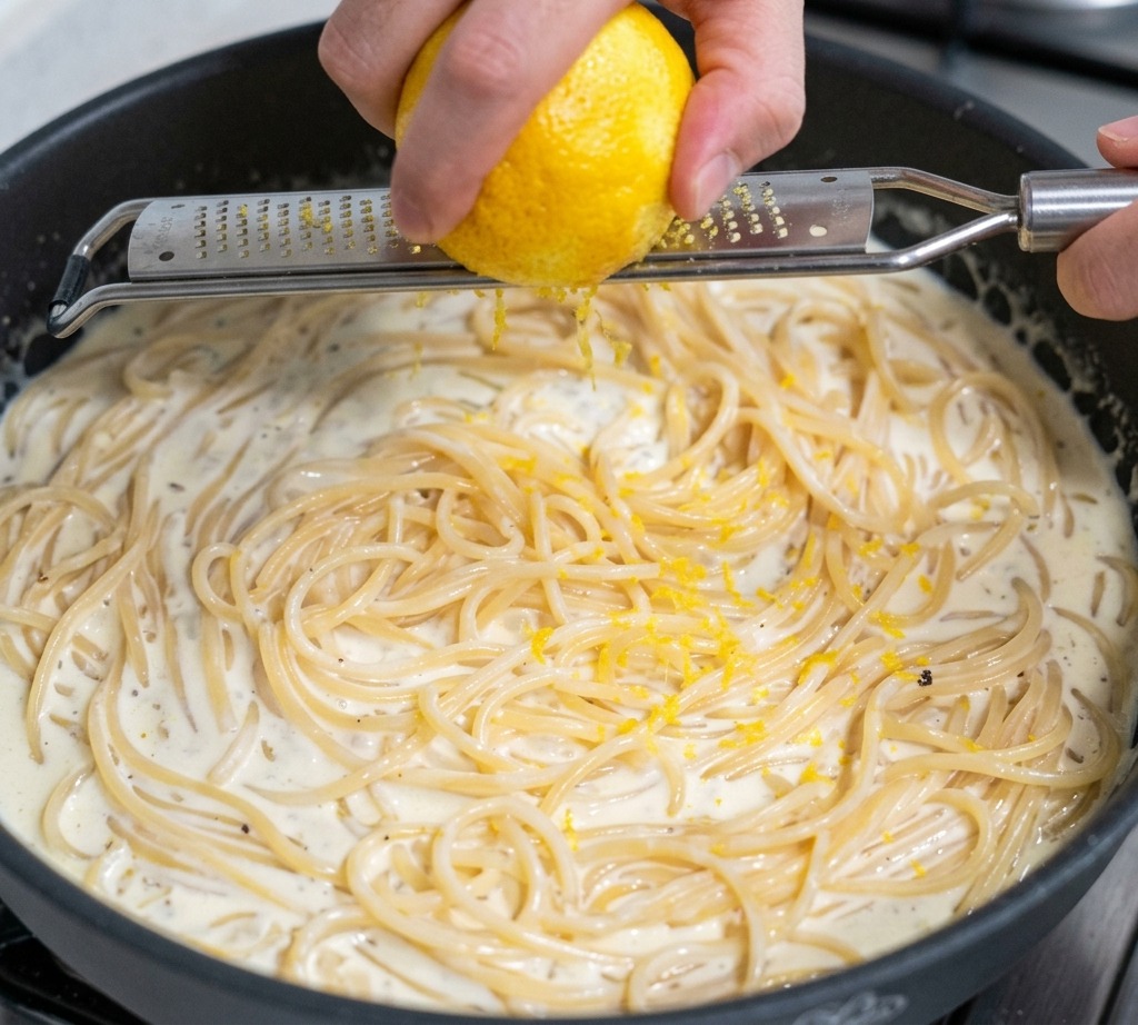 A hand using a microplane to grate bright yellow lemon zest over a pan of creamy spaghetti.