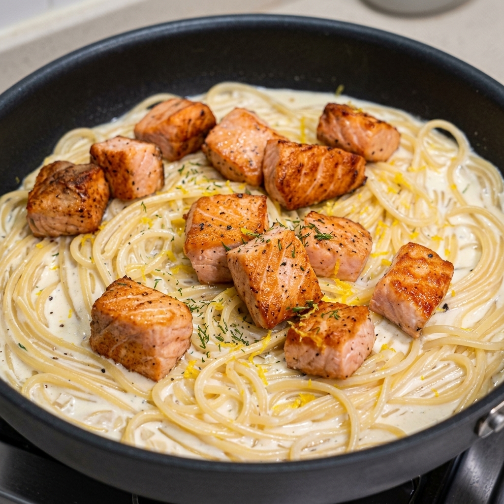 Golden-brown seared salmon cubes resting on top of creamy spaghetti in a dark frying pan.