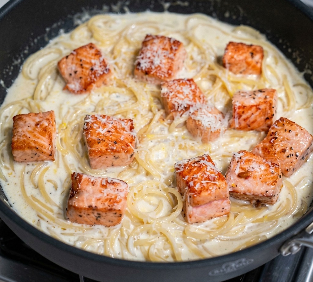 Fresh Parmesan cheese being finely grated over cubes of salmon and creamy pasta in a pan.