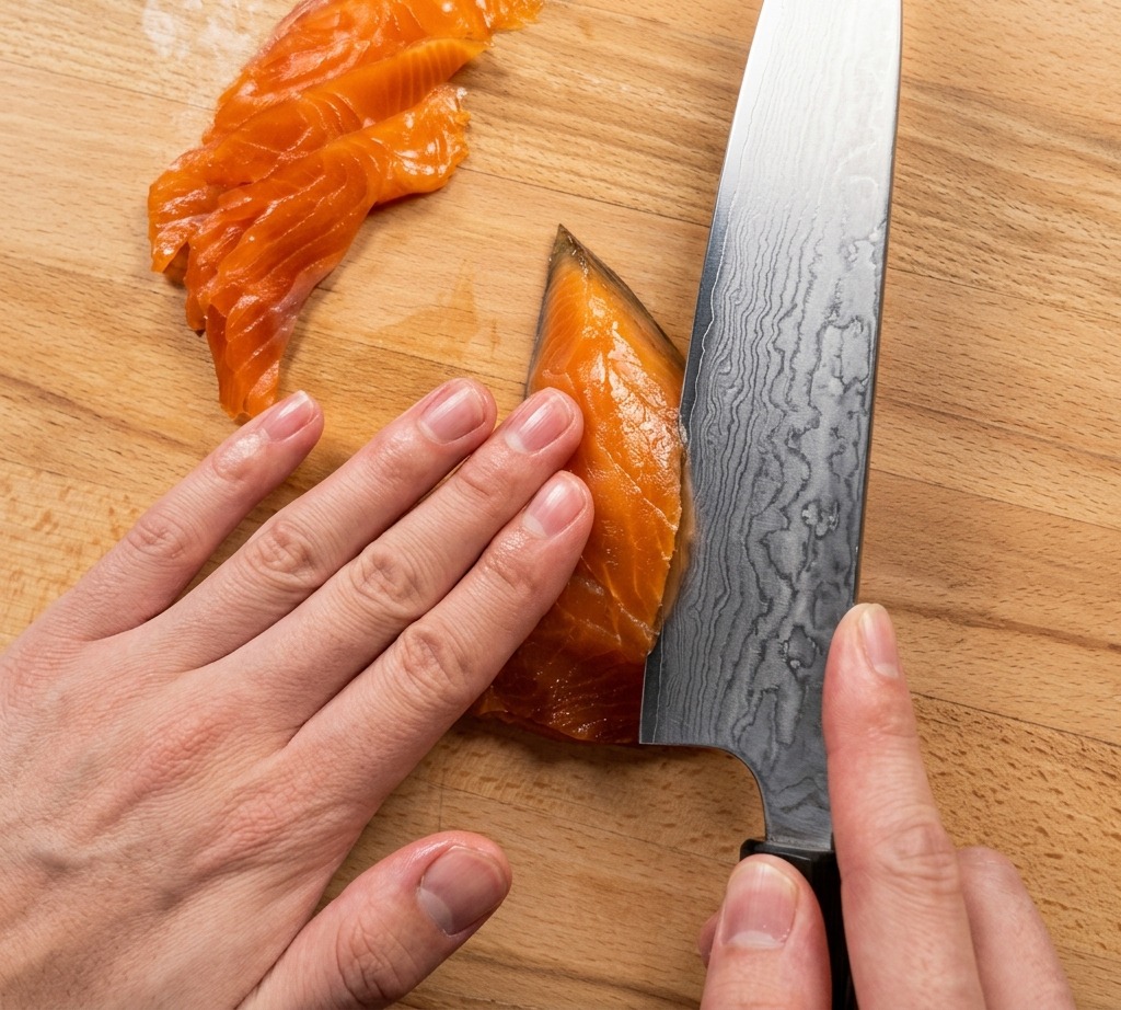 A close-up view of hands using a professional damascus steel knife to slice vibrant orange smoked salmon on a clean wooden cutting board.