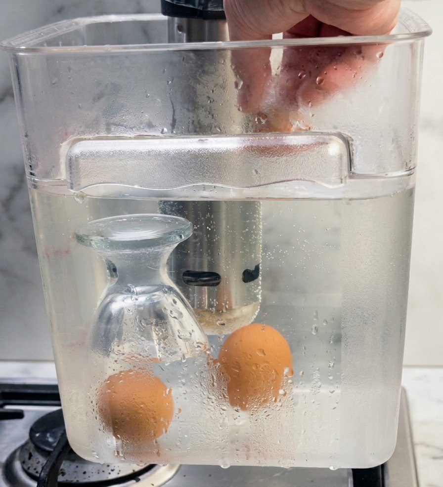 A hand lowering brown eggs into a clear water bath container fitted with a sous-vide immersion circulator.