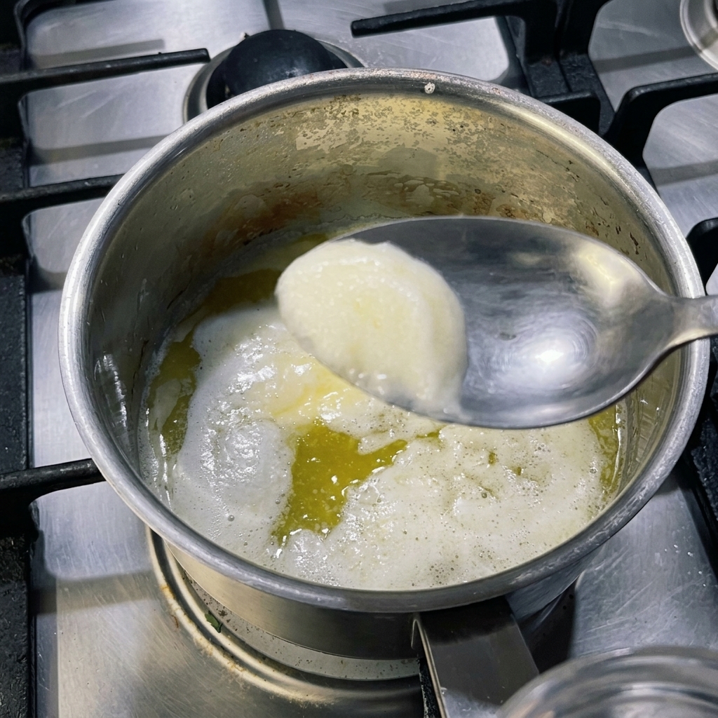 A stainless steel pot on a stove filled with melted yellow butter, with a metal spoon skimming off white foam from the surface.