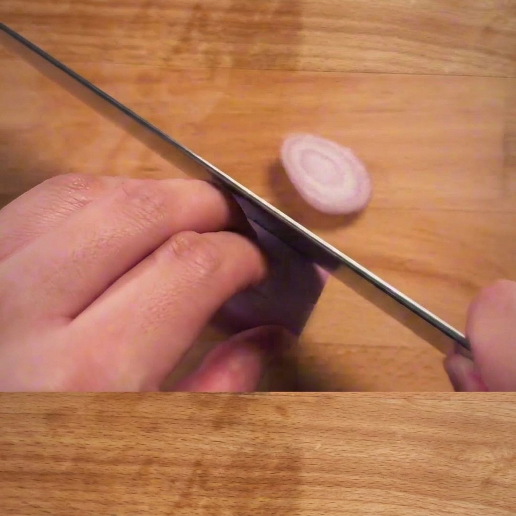 A chefs hands expertly slicing a purple shallot into thin rounds on a wooden cutting board.