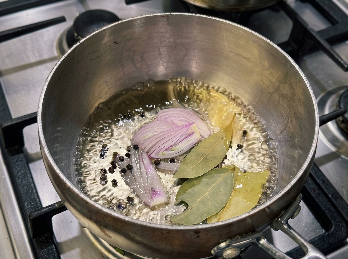A small stainless steel pot on a stovetop with bubbling liquid, shallot rings, bay leaves, and peppercorns.
