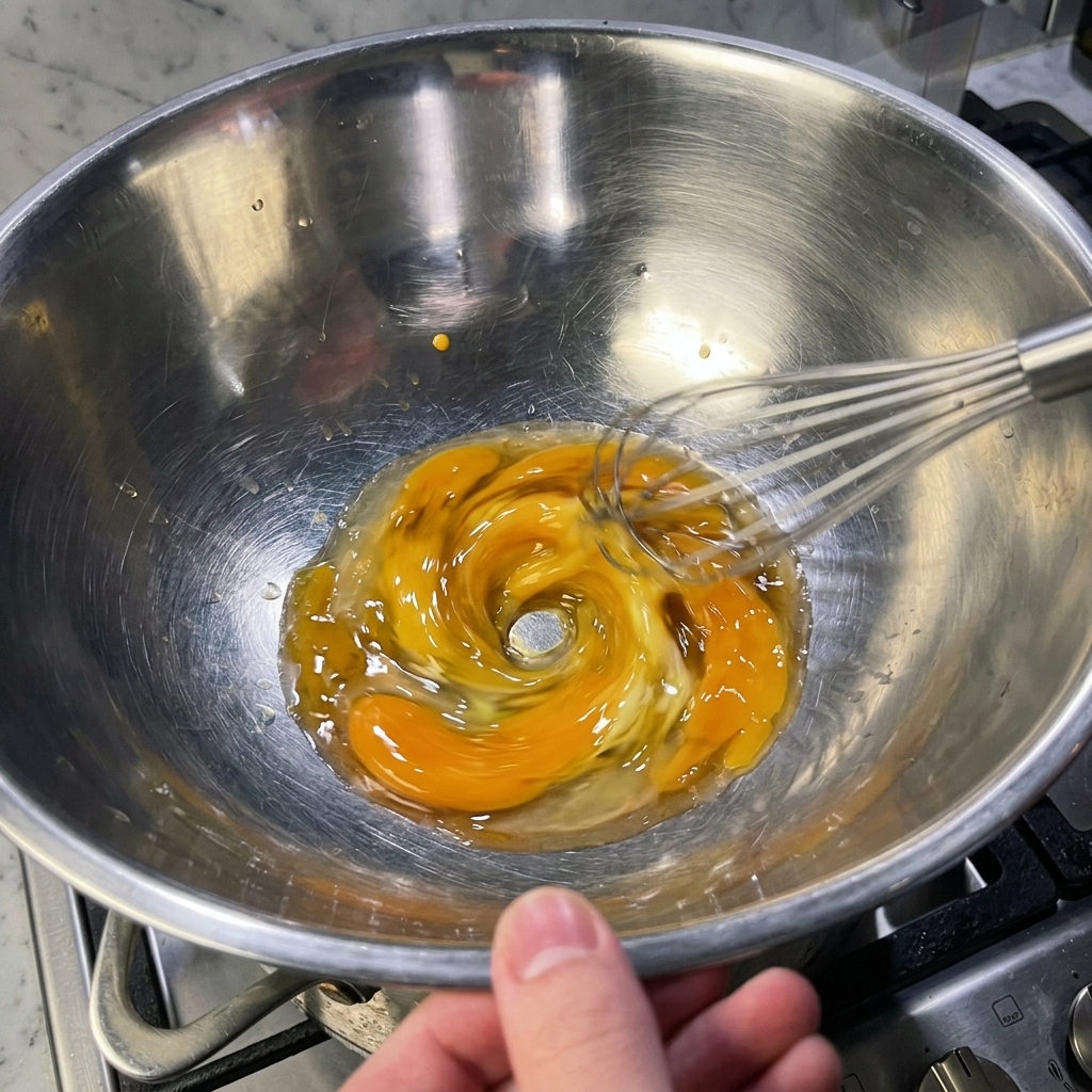 A stainless steel bowl containing bright yellow egg yolks being whisked vigorously with a wire whisk.