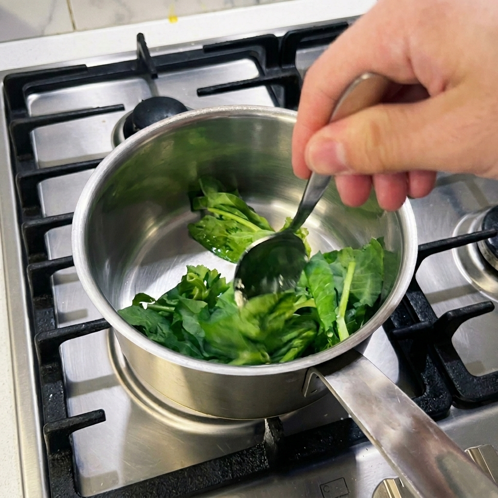 A spoon stirring bright green, leafy pea shoots in a small stainless steel pot with melted butter.