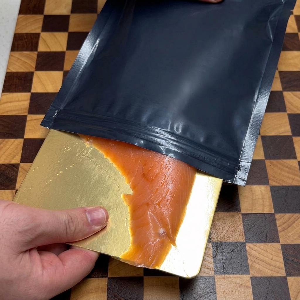A hand pulling a large slice of orange-colored smoked salmon out of a black plastic sleeve onto a checkered wooden board.