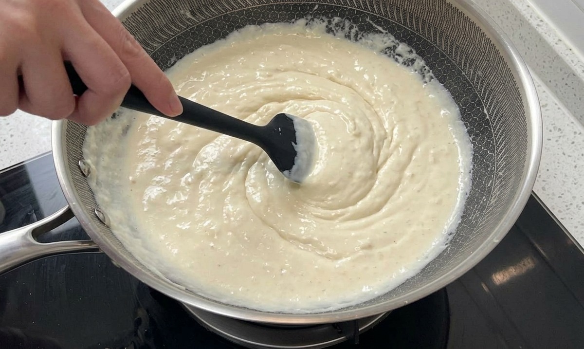 A black spatula stirring a white, bubbling cream sauce containing small pieces of orange smoked salmon in a silver pan.