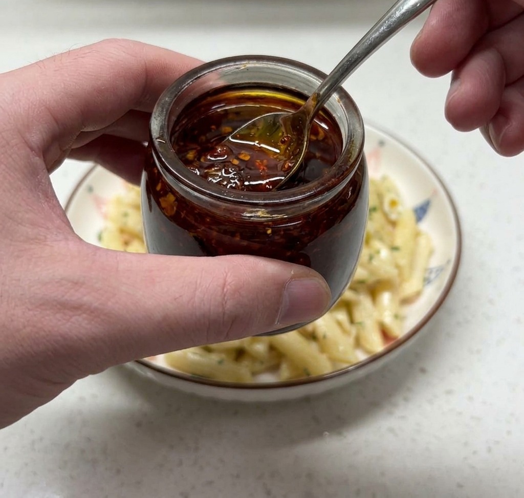 A hand holding a spoon and a small glass jar, drizzling bright red chili oil over the top of the plated creamy salmon pasta.