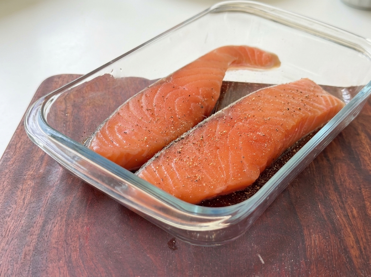 Two fresh pink salmon fillets resting in a glass container, seasoned with coarse salt and ground black pepper.