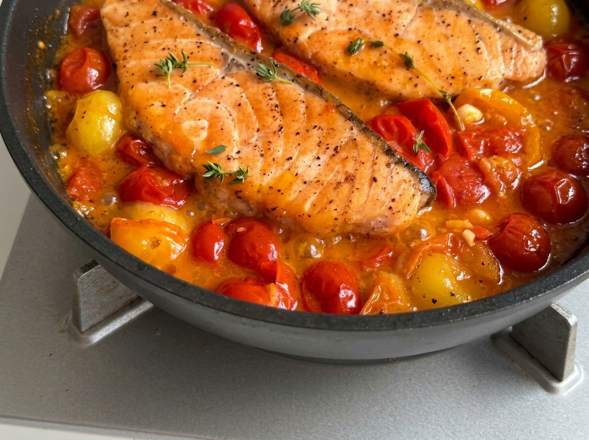 Two seared salmon fillets resting in a vibrant, bubbling cherry tomato sauce garnished with fresh thyme.