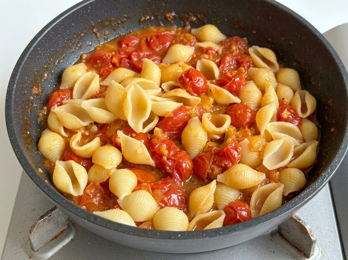 Cooked shell pasta being mixed with a chunky cherry tomato sauce in a non-stick frying pan.