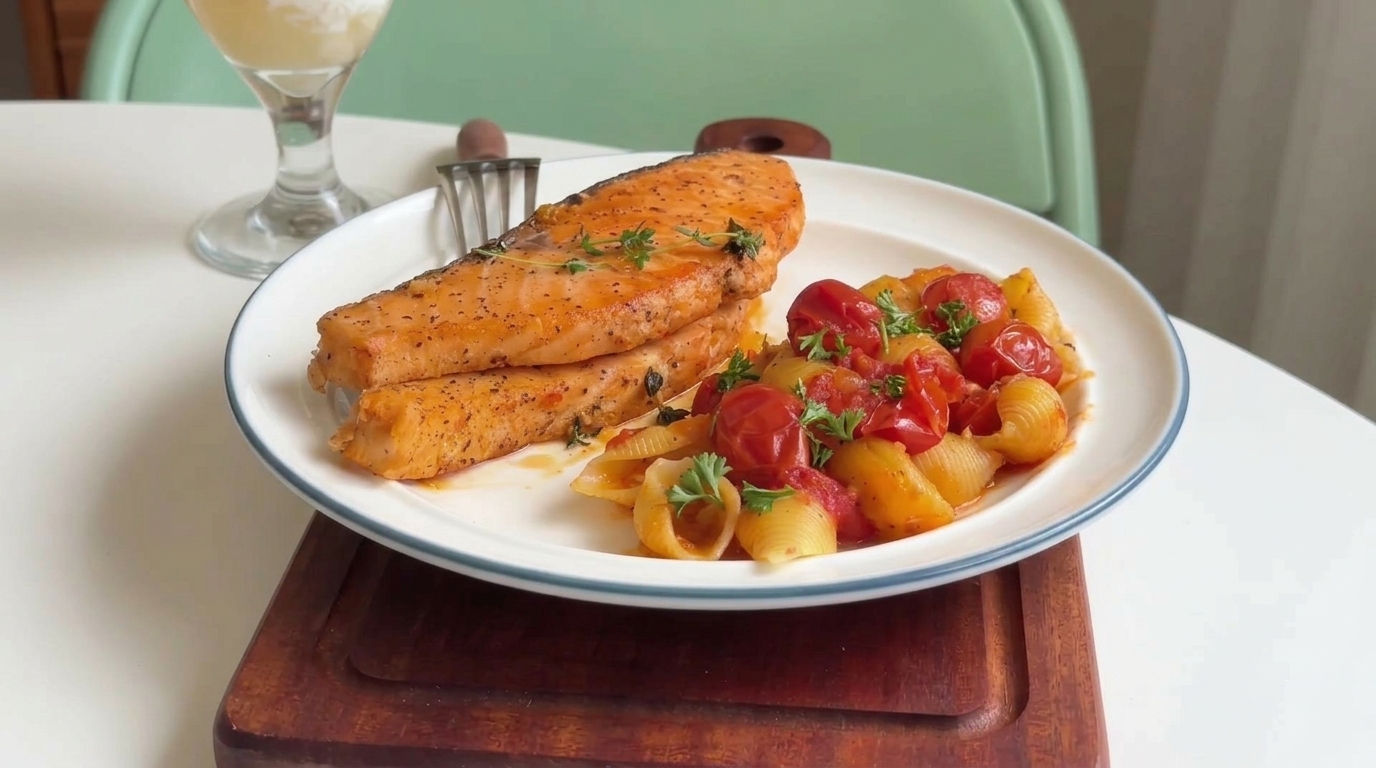 Golden-brown seared salmon served with shell pasta in a chunky cherry tomato and herb sauce