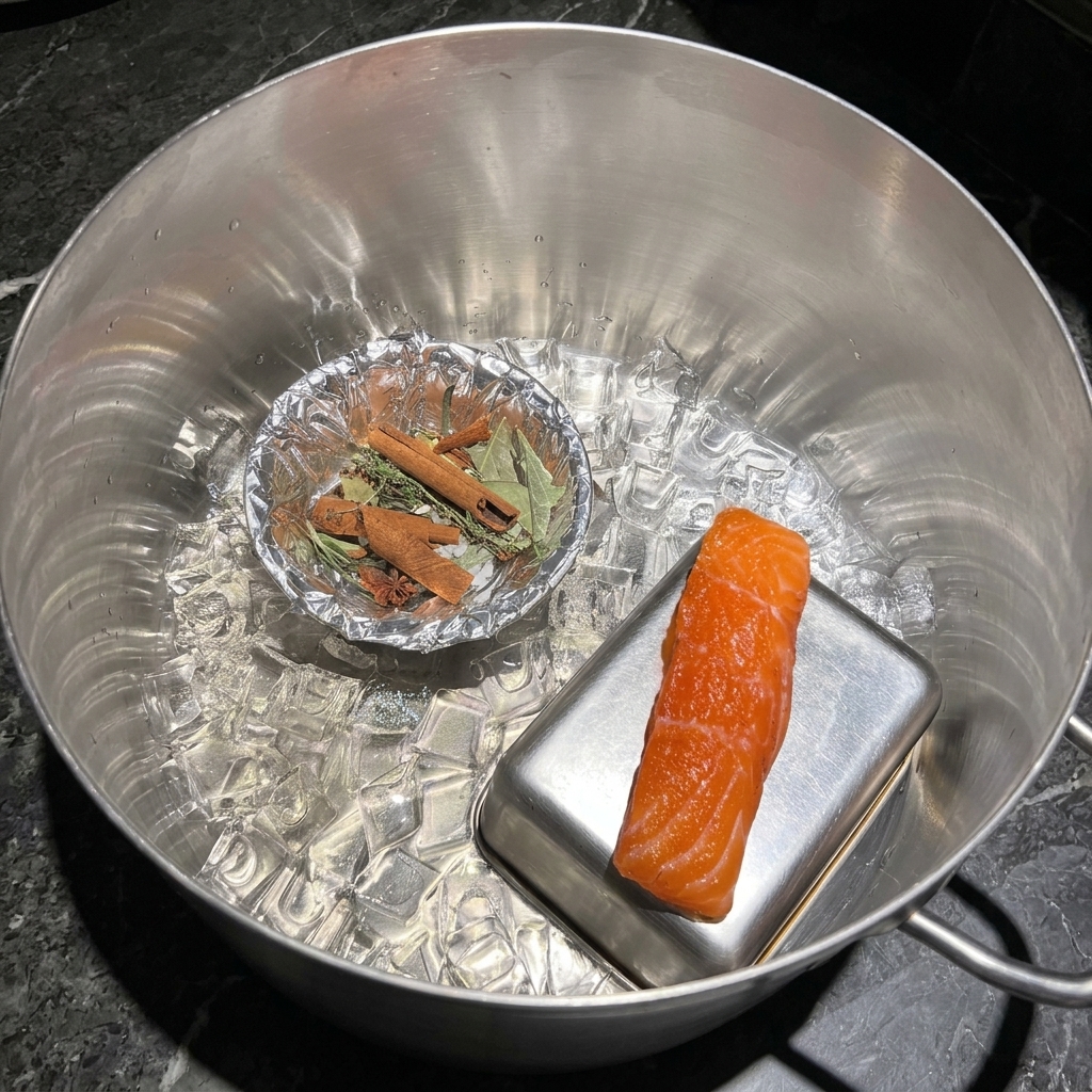 A top-down view of a large metal pot containing ice cubes, a foil-lined bowl of dry spices, and a cured salmon fillet resting on a small rectangular container.