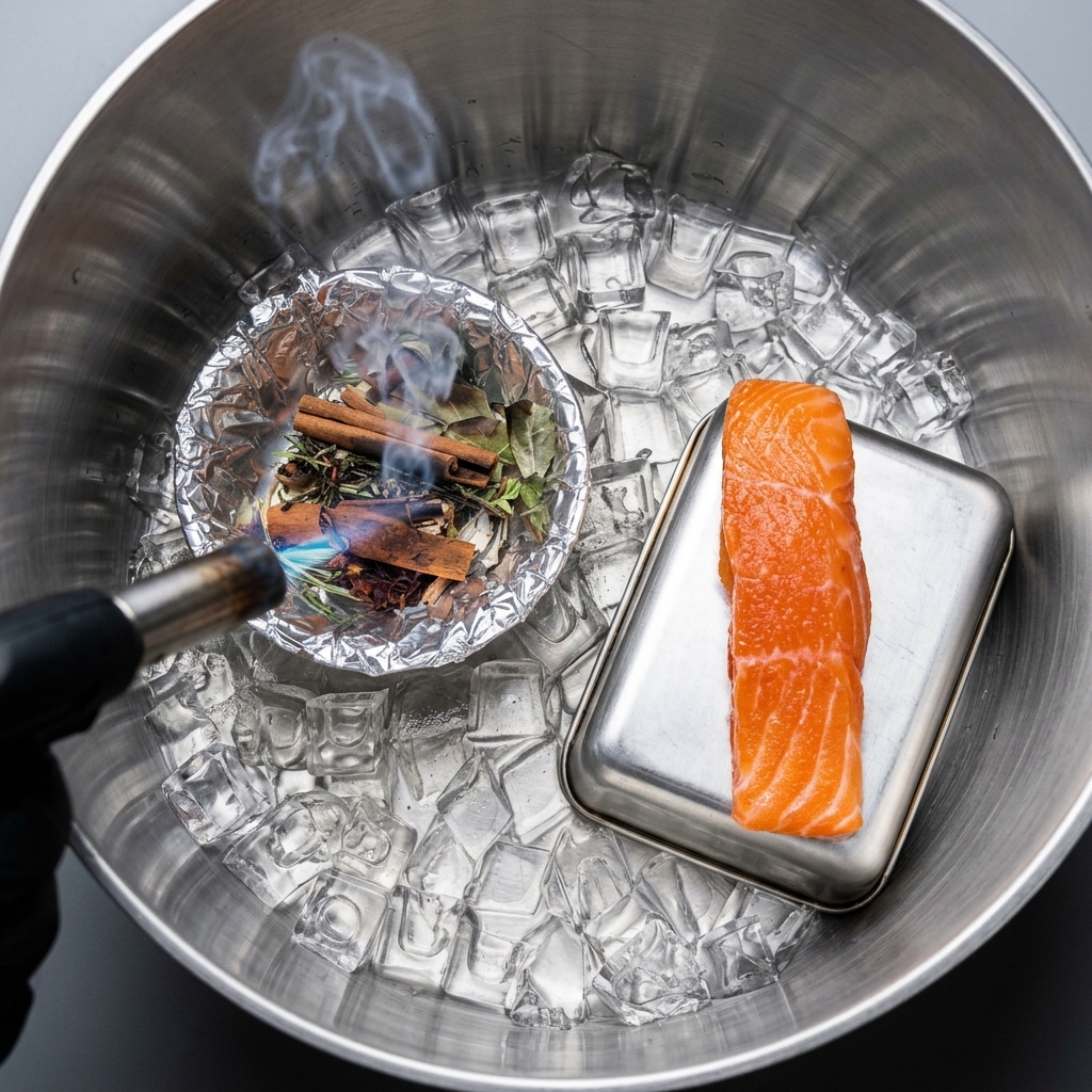 A hand holding a blowtorch igniting a mixture of cinnamon sticks and bay leaves inside a foil bowl, with a piece of salmon sitting on ice nearby.