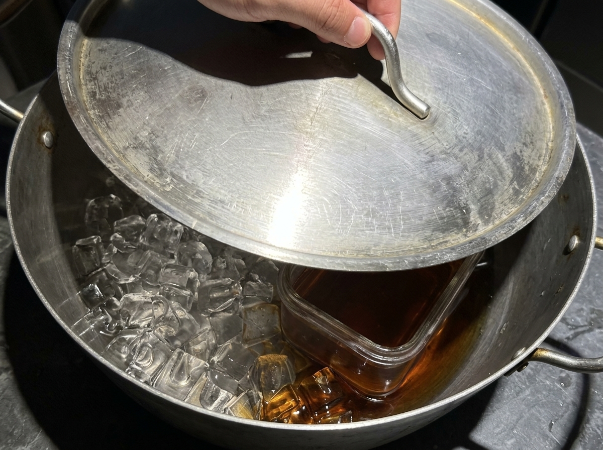 A hand placing a metal lid onto a large pot filled with ice and smoking spices to trap the smoke inside.
