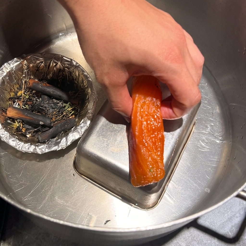 A hand carefully lifting a vibrant piece of cold-smoked salmon out of a large pot containing melted ice and charred spices.