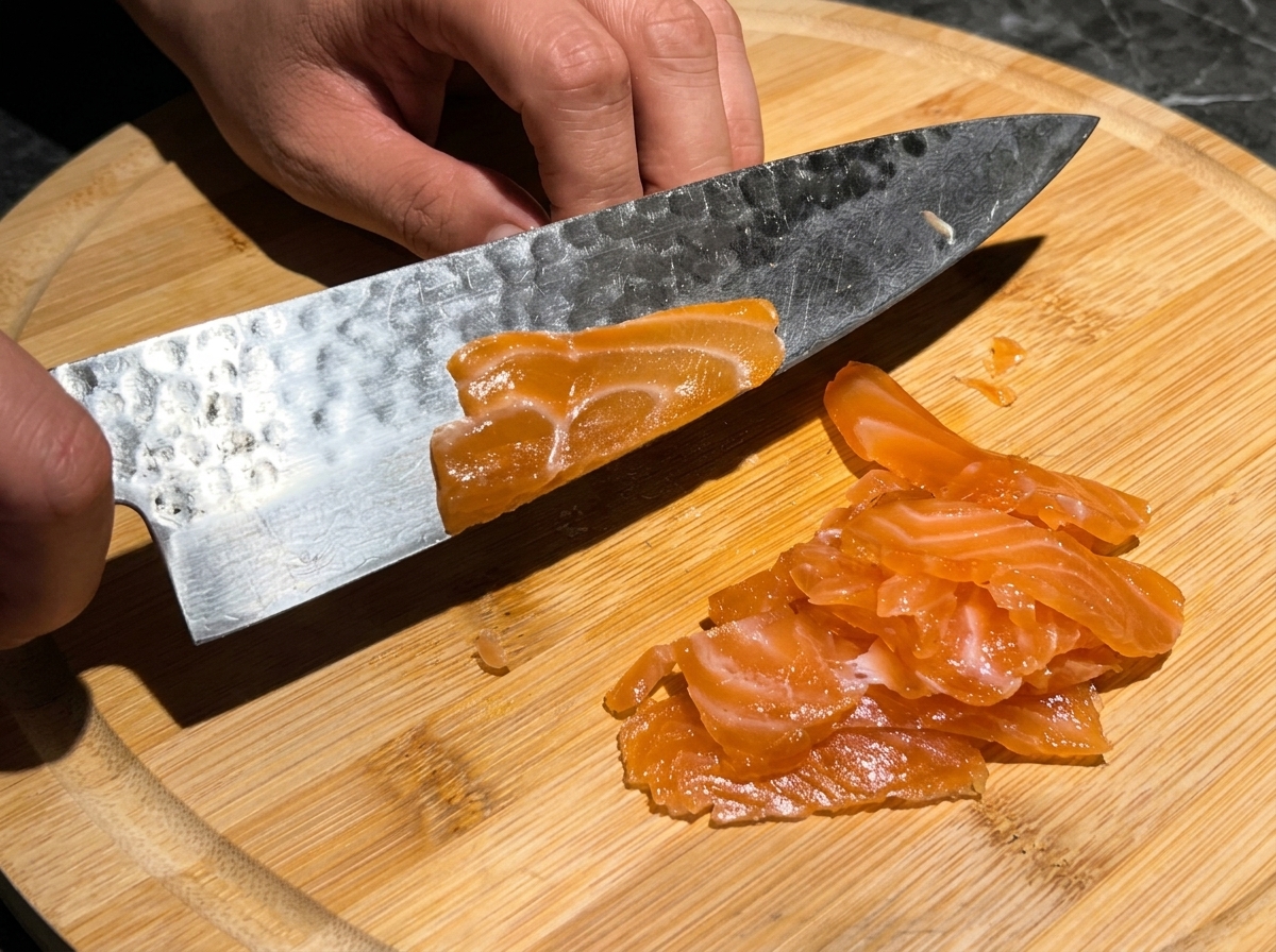 A sharp knife slicing a bright orange smoked salmon fillet into thin, even pieces on a wooden cutting board.