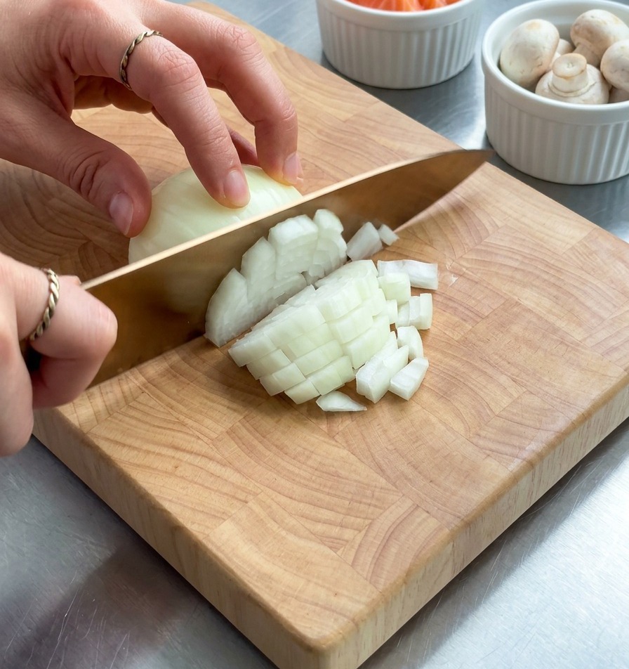 A person dicing a white onion on a light-colored wooden cutting board with prepped mushrooms and salmon in the background.