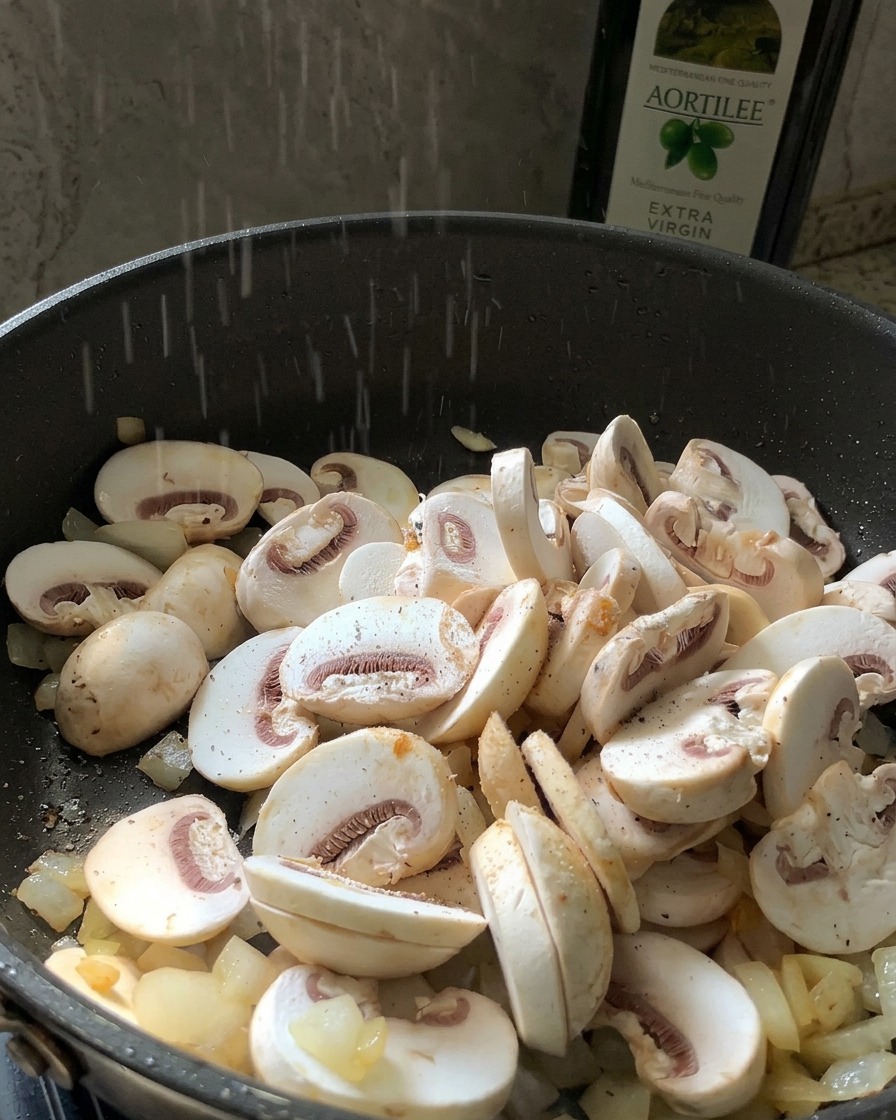 A pile of fresh sliced white mushrooms being added to a pan of sautéed onions.