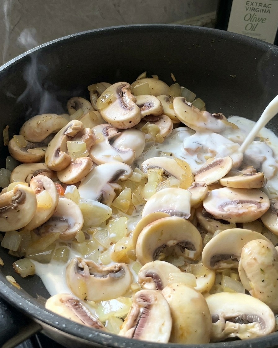 Fresh white milk being poured from a height into a skillet filled with cooked mushrooms and onions.