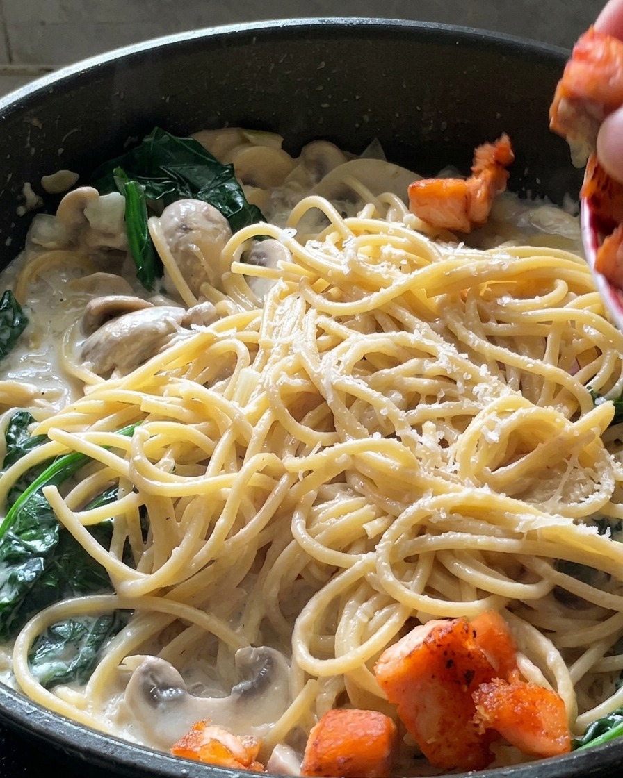 Golden-brown seared salmon chunks being placed on top of a finished creamy pasta with spinach.