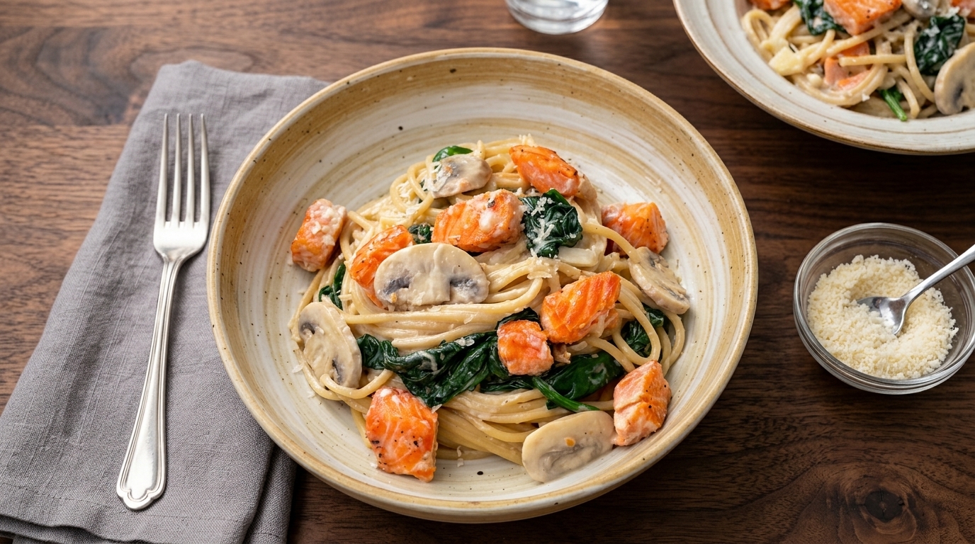 Creamy Salmon and Mushroom Whole Wheat Pasta