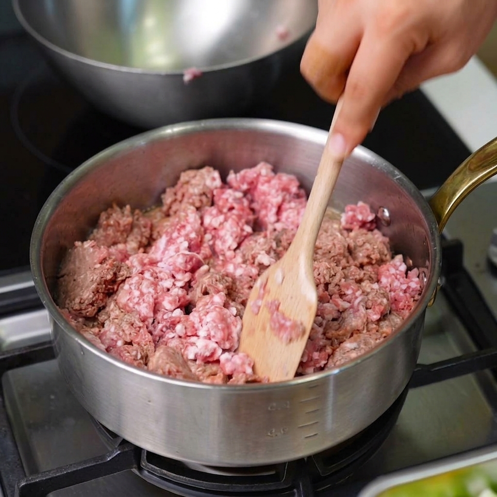 A wooden spatula stirring ground meat in a stainless steel pot as it cooks and browns.