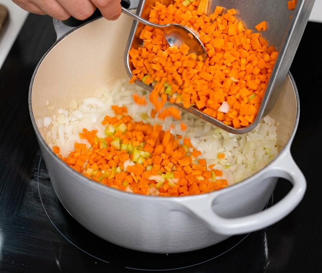 Diced orange carrots being added to a pot of onions to create a traditional soffritto base.