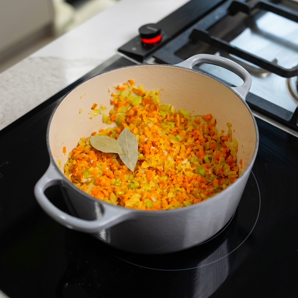 Two dried bay leaves resting on a mixture of sautéed diced carrots, celery, and onions inside a gray enameled pot.