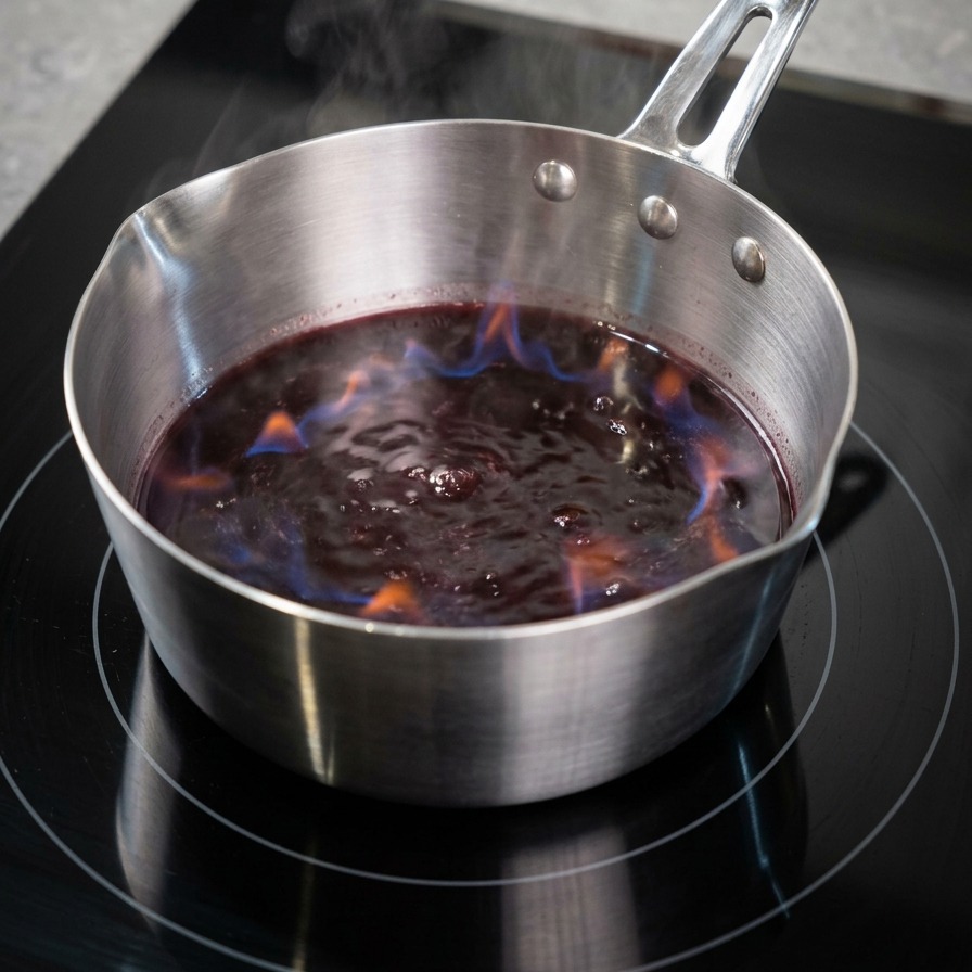 Blue flames flickering on the surface of red wine in a stainless steel saucepan on an induction stovetop.