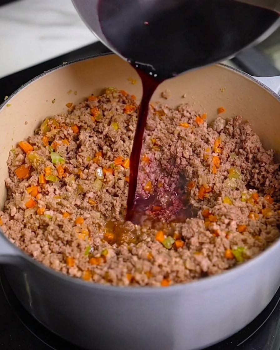 A stream of dark red wine being poured into a pot filled with browned ground meat and diced carrots, celery, and onions.