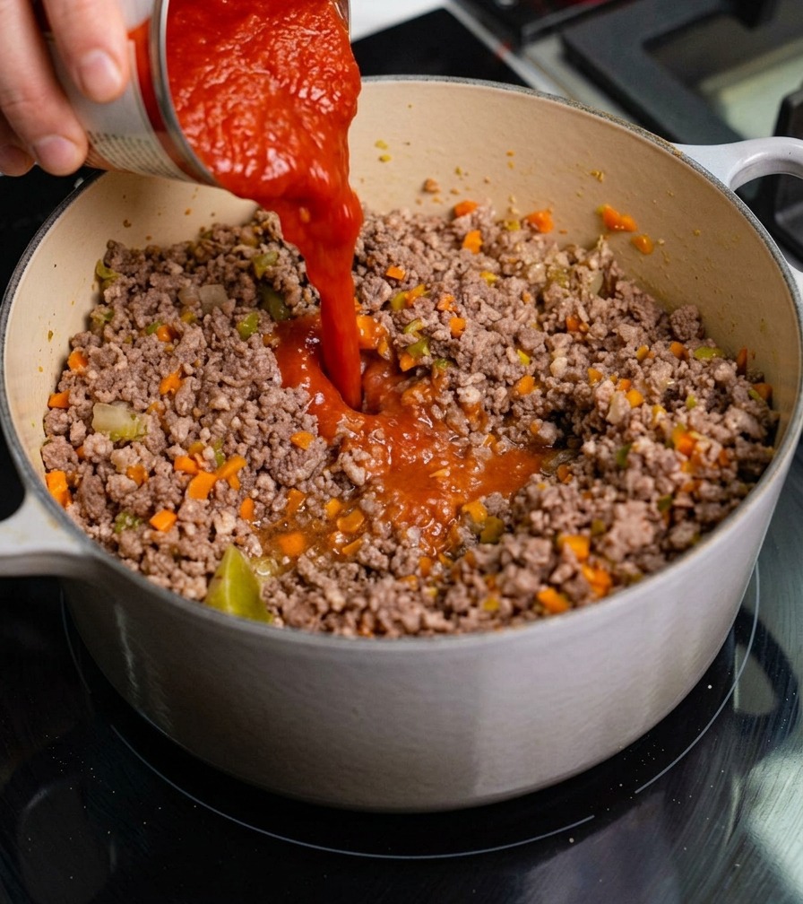 Whole peeled tomatoes being poured from a tin can into a large pot of meat and vegetable sauce base.