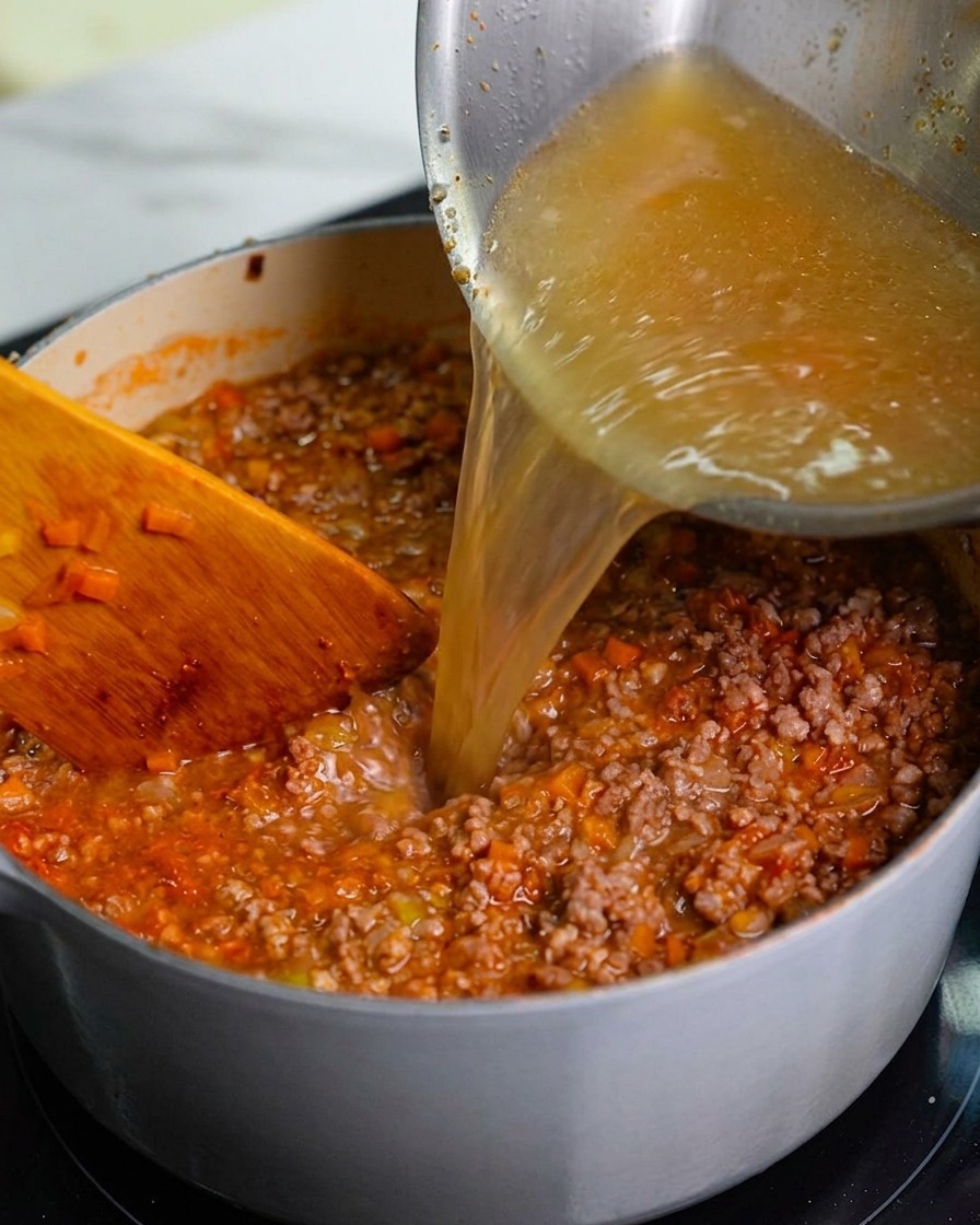 A light brown liquid containing meat fats being poured from a stainless steel frying pan into the main cooking pot.