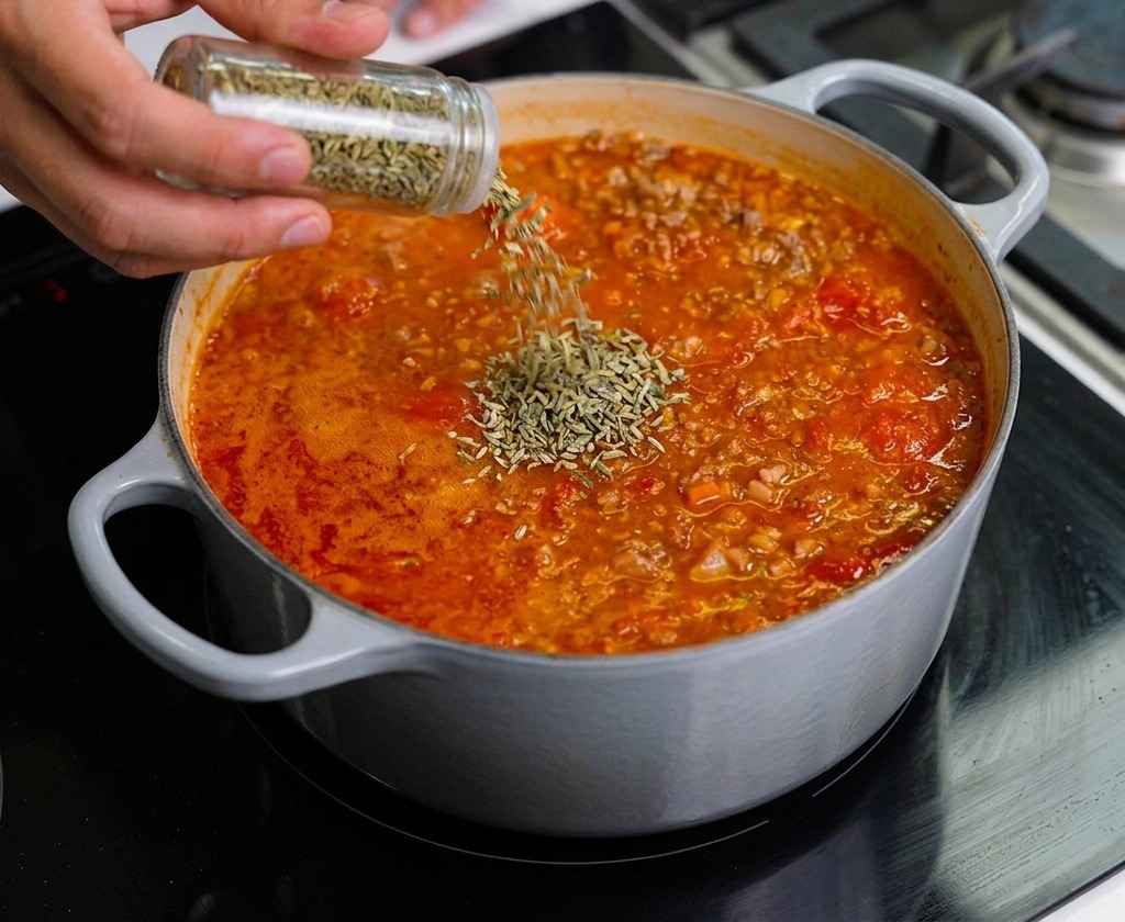 Dried green herbs being sprinkled from a small glass jar into a large pot of bubbling red Bolognese sauce.