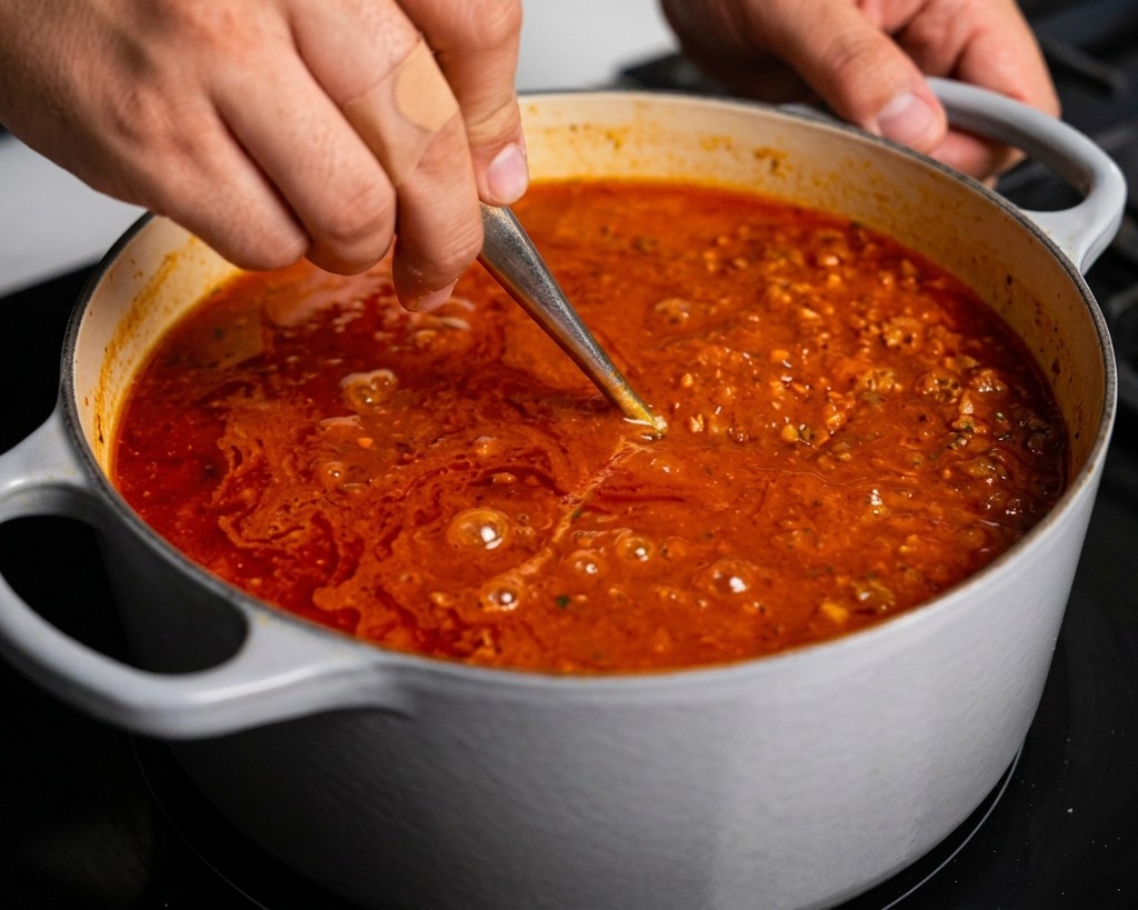 A hand stirring a bubbling, thick red meat sauce with a silver spoon to incorporate seasonings.