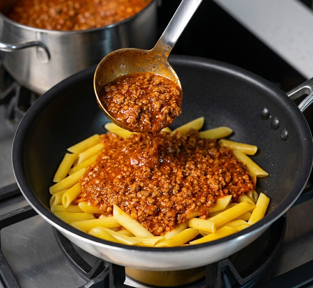 A metal ladle pouring thick Bolognese meat sauce onto cooked penne pasta in a stainless steel frying pan.
