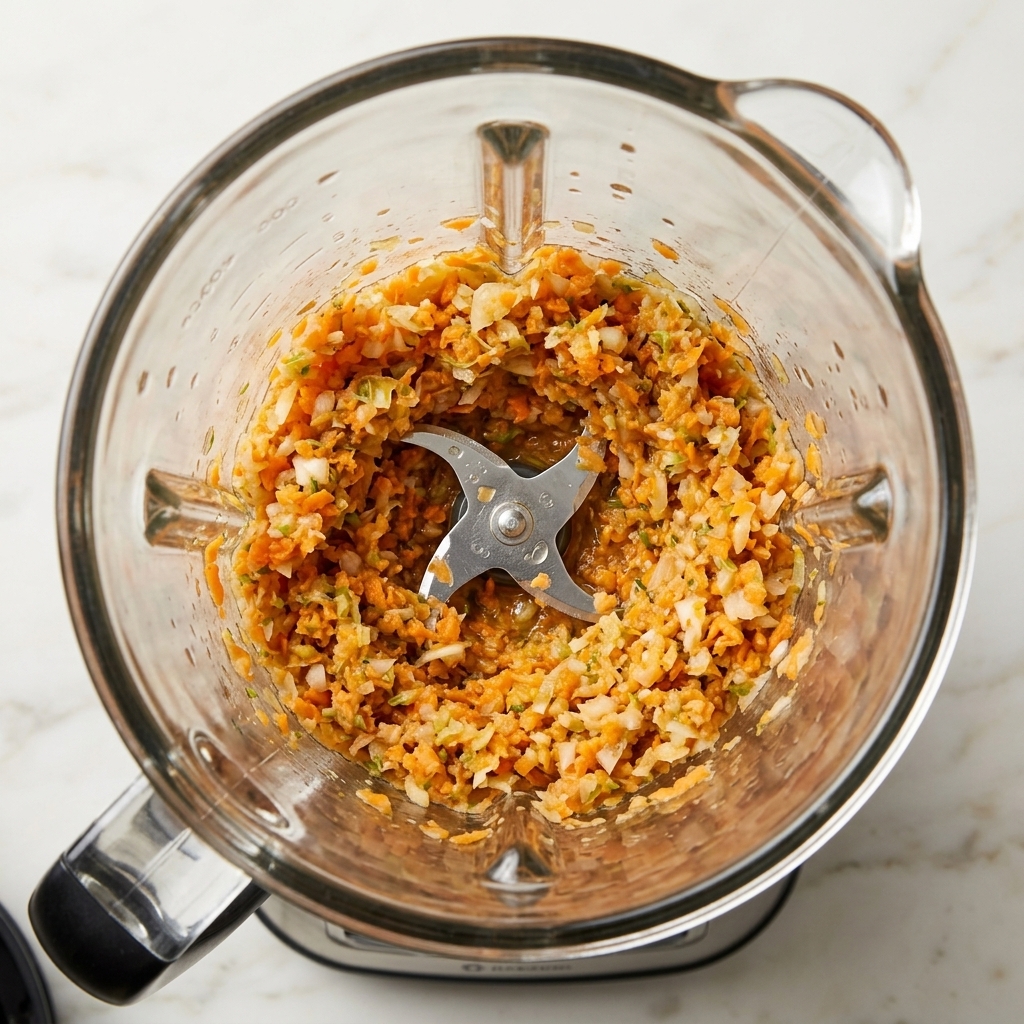 A top-down view of finely minced carrots, onions, and celery resting inside a clear blender pitcher.
