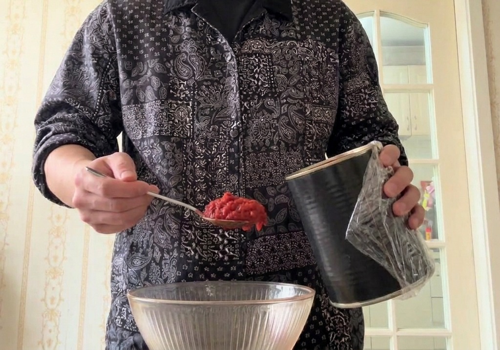 A hand using a spoon to scoop whole canned peeled tomatoes out of a tin and transfer them to a clear glass bowl.