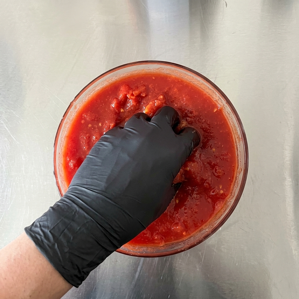 A hand wearing a black glove submerged in a glass bowl, crushing whole red tomatoes into a chunky sauce.