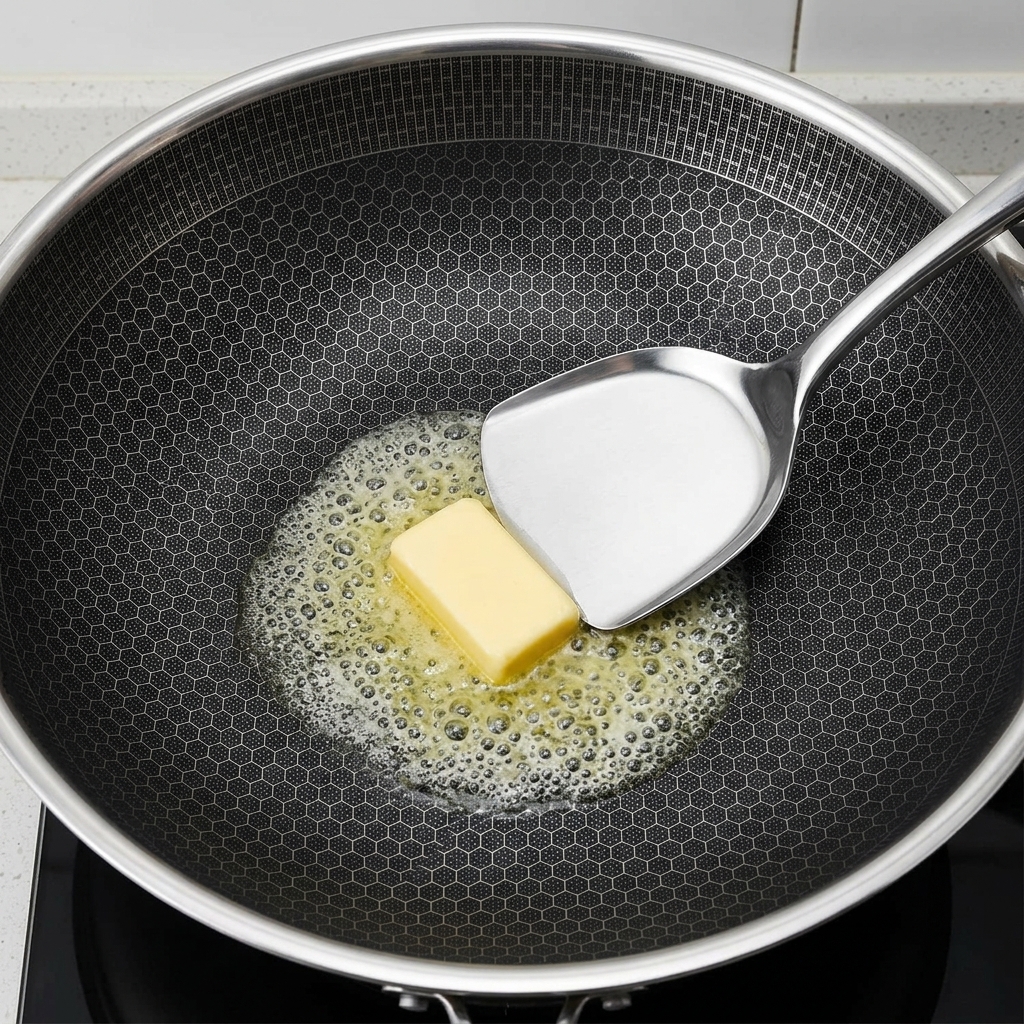 A metal spatula stirring a rectangular piece of butter as it melts and bubbles in a hot textured skillet.
