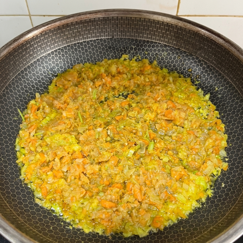 Finely minced carrots, celery, and onions sautéing in a pan with melted butter.