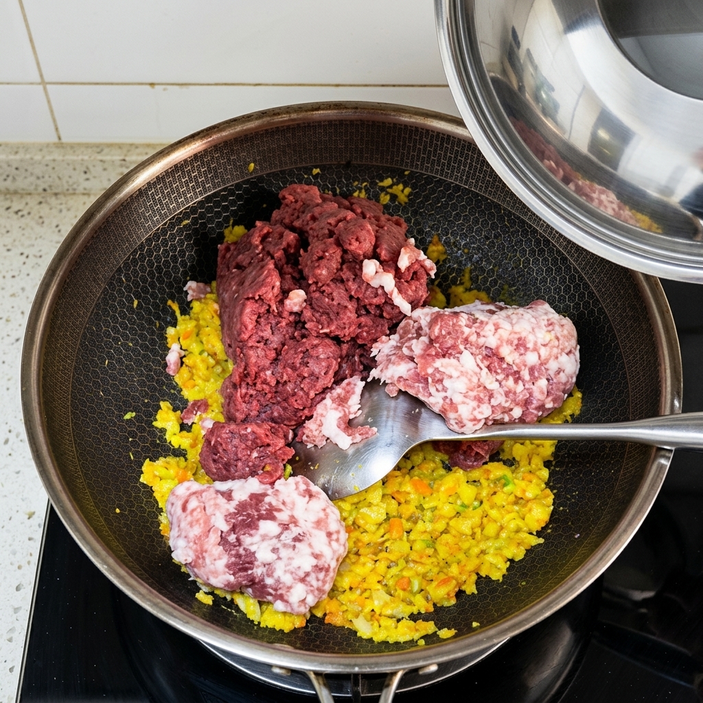 Raw ground beef and ground pork added to a pan with sautéed vegetables.