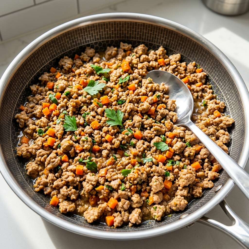 Ground meat fully browned and mixed with chopped vegetables in a pan.