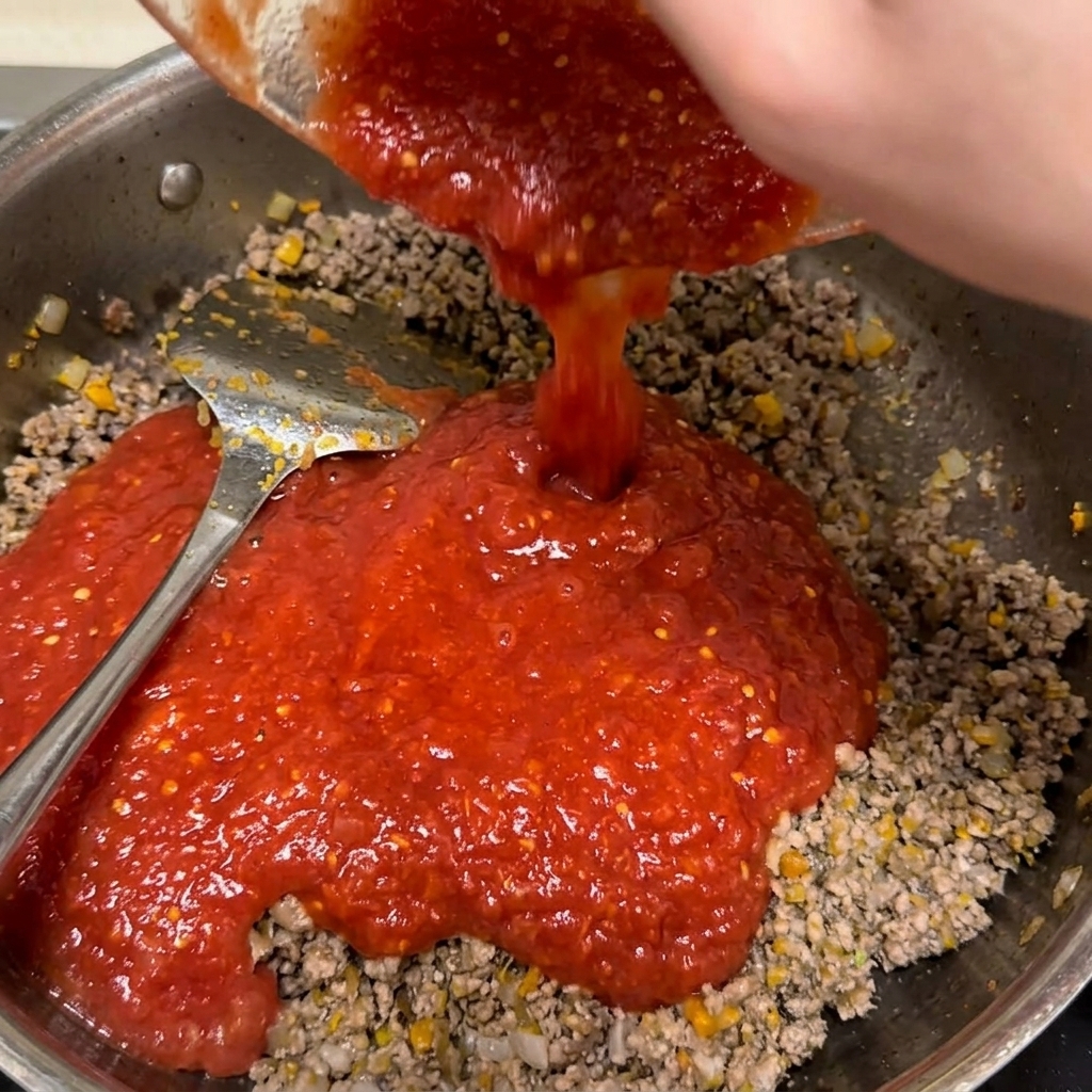 Crushed tomatoes being poured from a bowl into a pan of meat sauce.