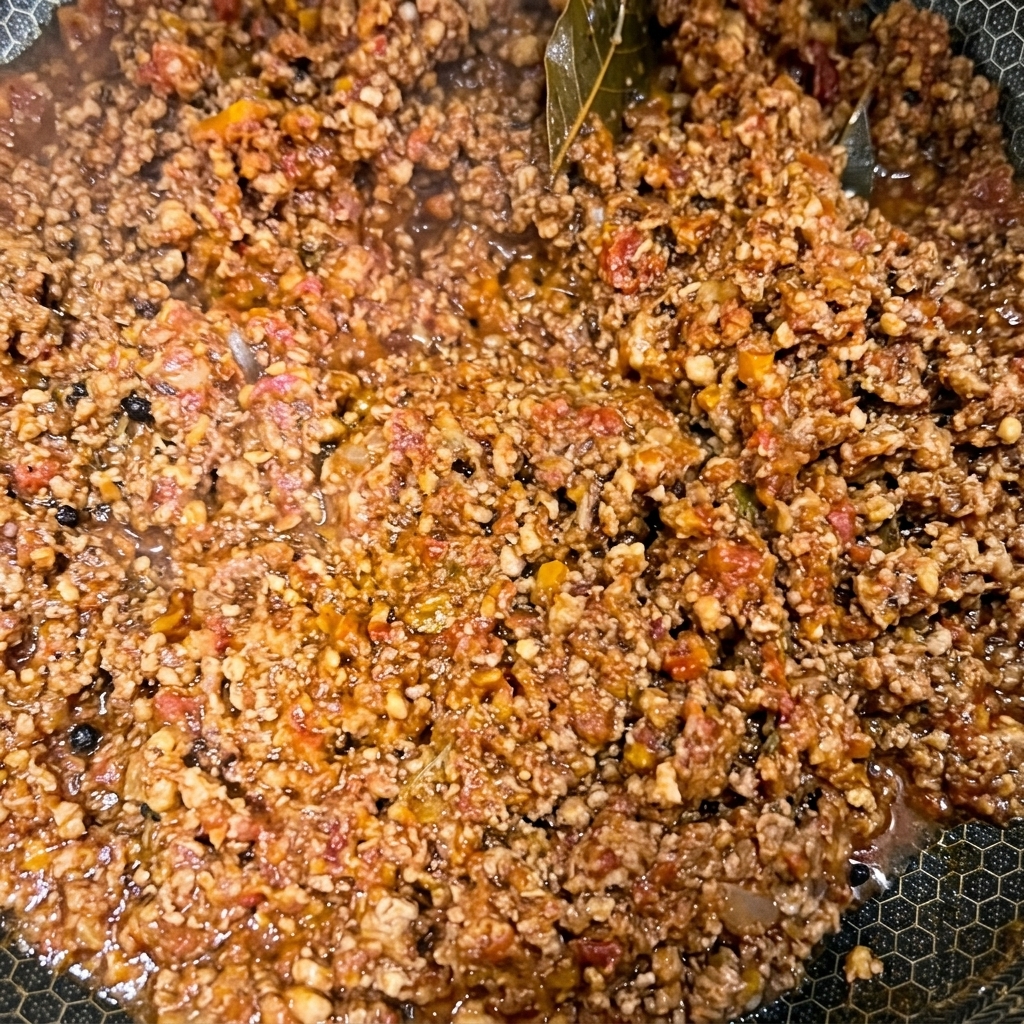 A close-up view of a thick, highly reduced Bolognese meat sauce in a pan with visible whole black peppercorns.