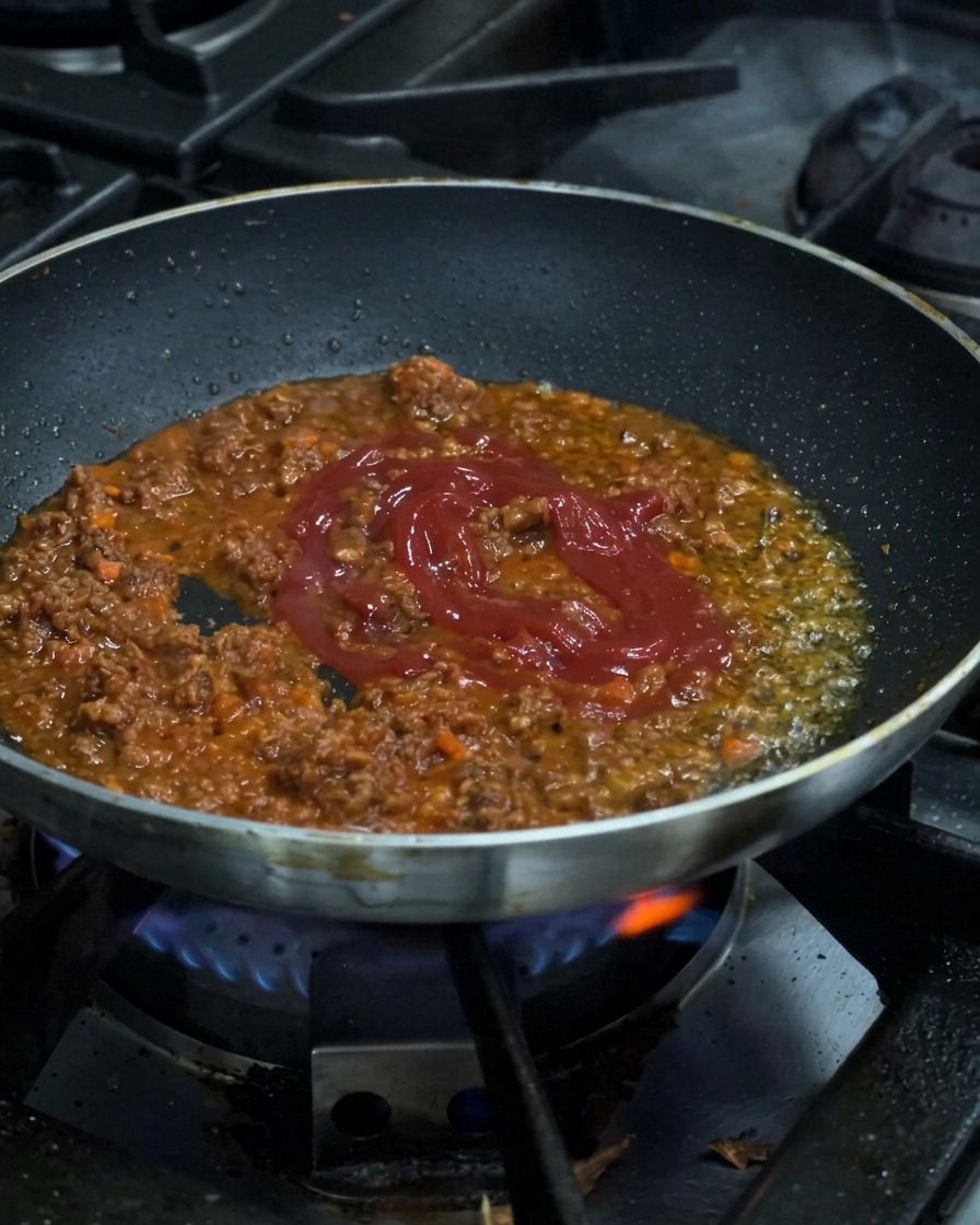 Red tomato sauce being poured into a frying pan containing a simmering ground meat mixture over a blue gas flame.
