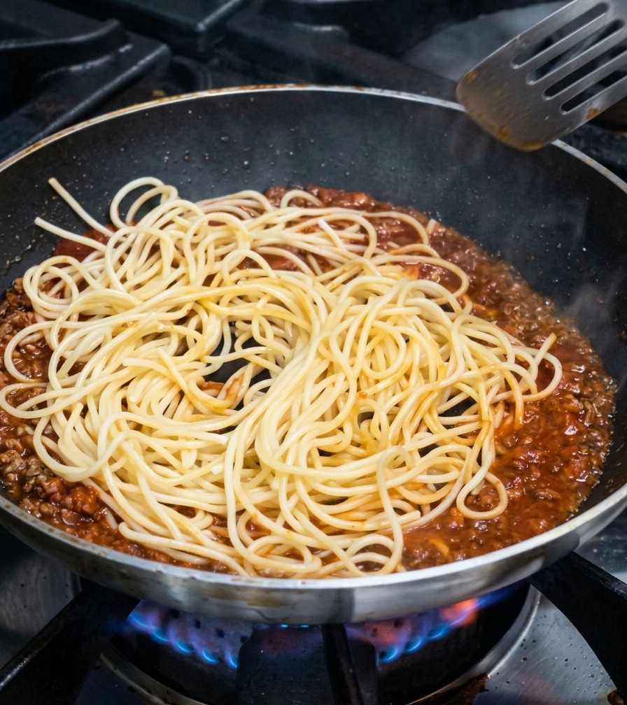 Cooked spaghetti noodles being placed on top of a bubbling red meat sauce in a large frying pan.