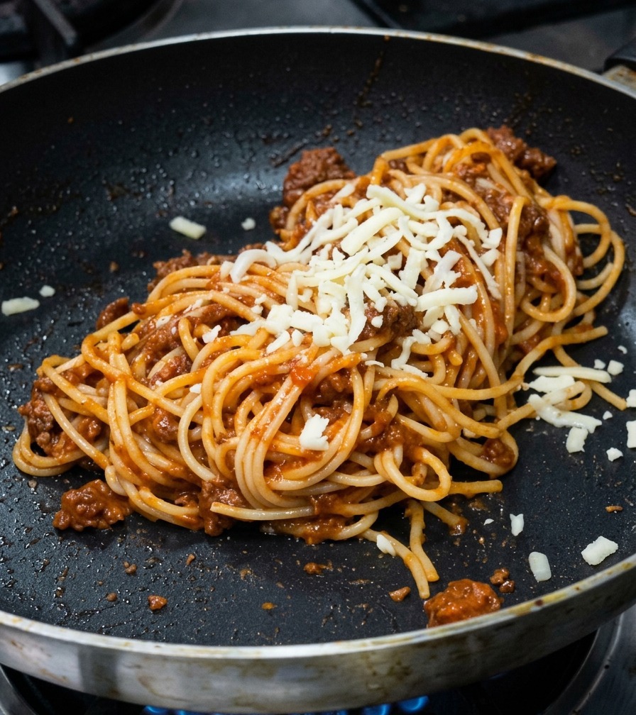 Shredded white cheese being sprinkled over a mound of spaghetti coated in red sauce within a frying pan.